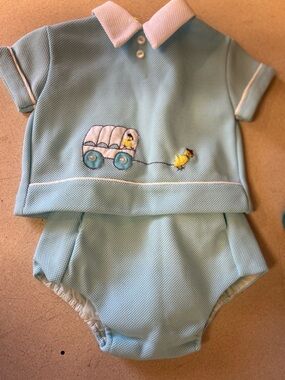 Sears Light Blue Baby Polo Set with White Collar and Wagon Applique